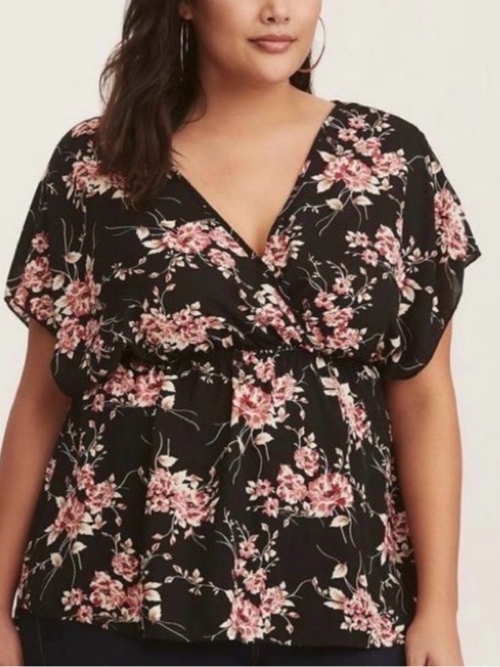 Torrid V-Neck Floral Faux Wrap Top Size 2X Black & Red